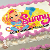 Illustration of Sunny Day, a cartoon character with pink-striped blonde hair, with her name in stylized text, printed on a sheet cake.