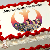 Illustration of Star Wars female characters, against a sunset gradient with the Rebel Alliance symbol, printed on a sheet cake.