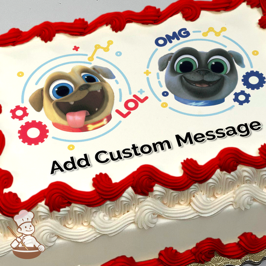 Illustration of two cartoon dogs with expressive faces, surrounded by colorful gears and text bubbles. Image printed on a sheet cake.