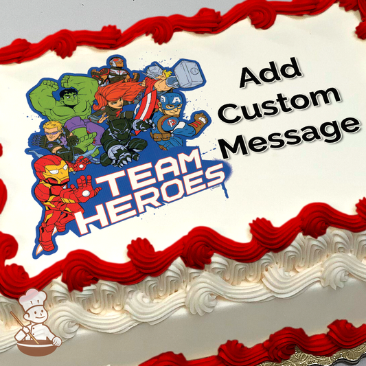 Vibrant Marvel superheroes illustration with Hulk, Captain America, and Iron Man leading, surrounded by friends, on a cake.