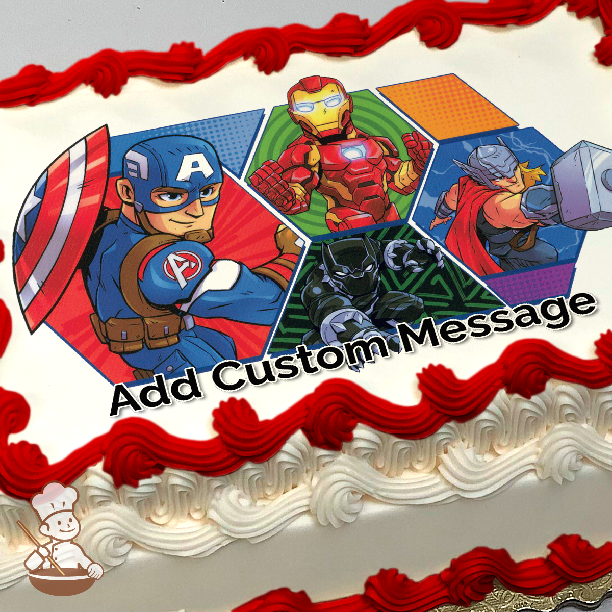 Captain America, Iron Man, and Thor action poses with Black Panther and more heroes on a colorful background, printed on a sheet cake.