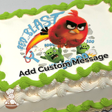 Angry Red Bird from Angry Birds with two green pigs, comic-style explosion with "Red Blast" text, and debris on a sheet cake.