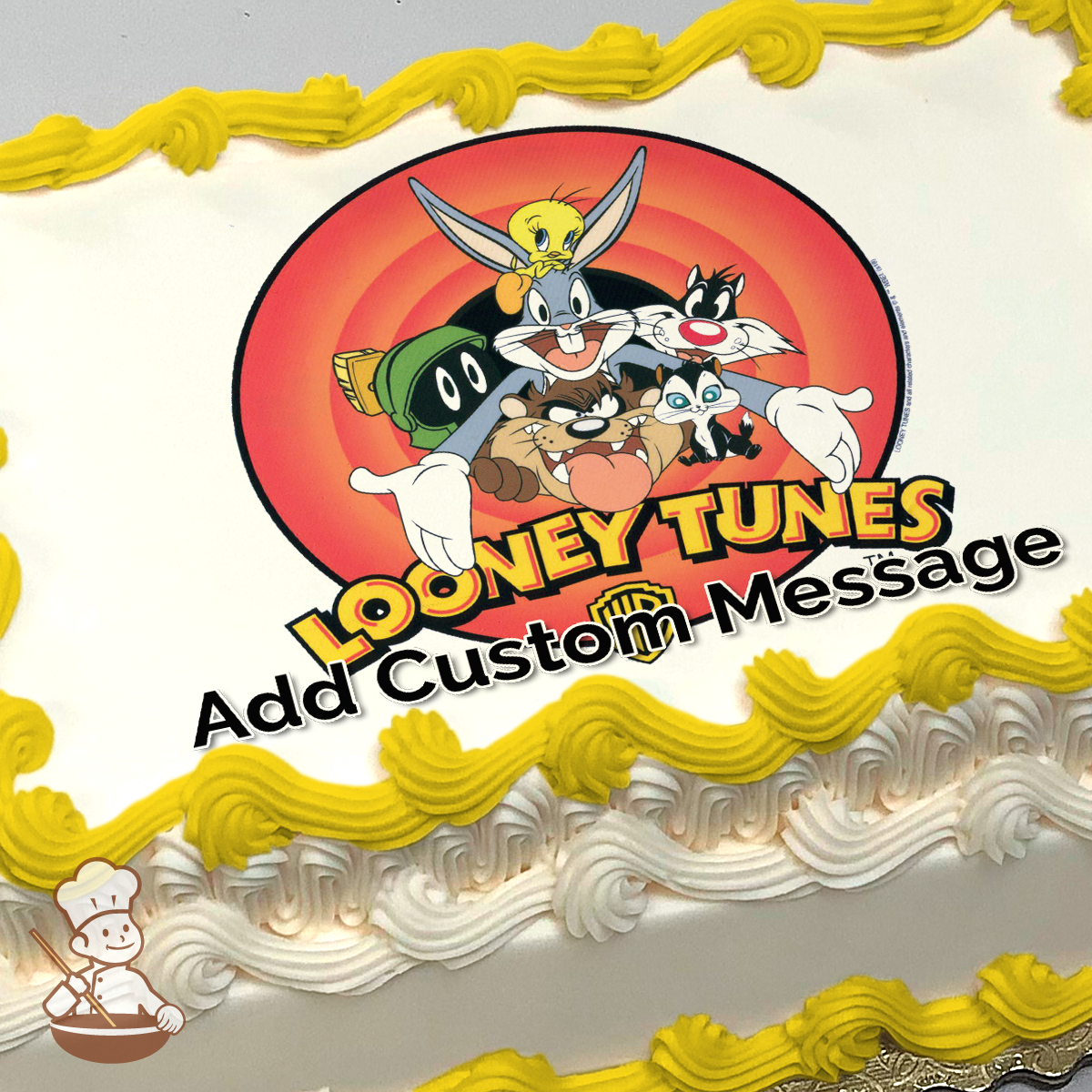 Bugs Bunny, Tweety, and Taz with friends on a vibrant Looney Tunes backdrop, printed on a sheet cake.