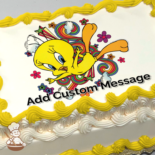 Tweety Bird flying with colorful swirls and stars on a vibrant background, printed on a sheet cake.