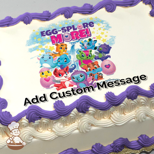 Colorful Hatchimals characters with a starry background on a photo sheet cake.