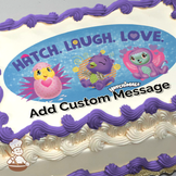 A hatching chick, a purple Hatchimal, and friends on a blue background with hearts and stars, printed on a cake.