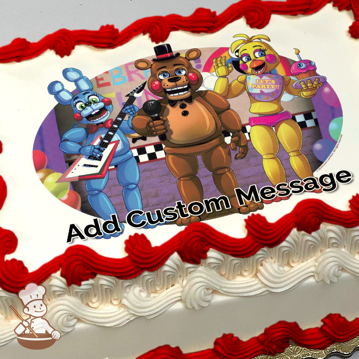 Freddy, Bonnie, and Chica animated characters performing, with a festive party backdrop, printed on a sheet cake.