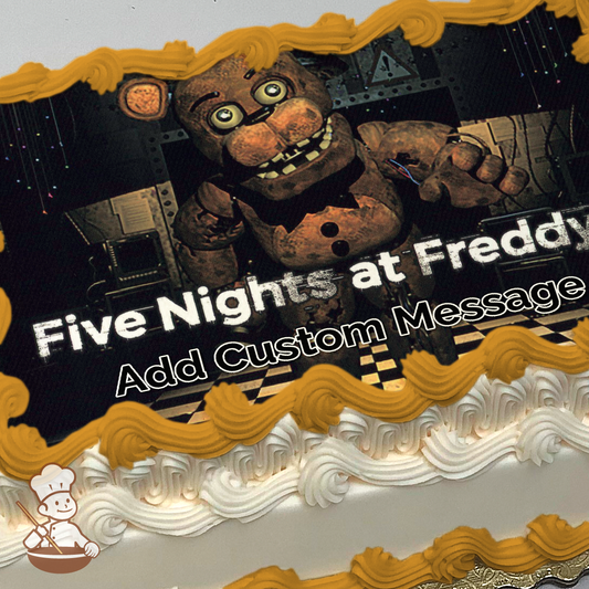 Freddy Fazbear animatronic in dimly lit pizzeria, with friends and checkered flooring, printed on a sheet cake.