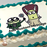 Frankenstein-themed Minions with one holding a flower on a plain background, printed on a sheet cake.