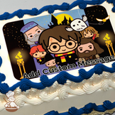 Chibi-style Harry Potter, Hermione, Ron, and friends with Hogwarts silhouette at night, printed on a sheet cake.