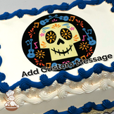 A colorful sugar skull with floral patterns and musical notes, symbolizing Dia de los Muertos, printed on a sheet cake.