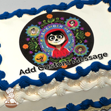 Miguel in skeleton makeup with colorful floral background and friends Hector and Dante on a festive cake print.