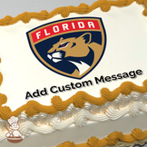 Illustration of the Florida Panthers logo with a stylized panther head, printed on a sheet cake.