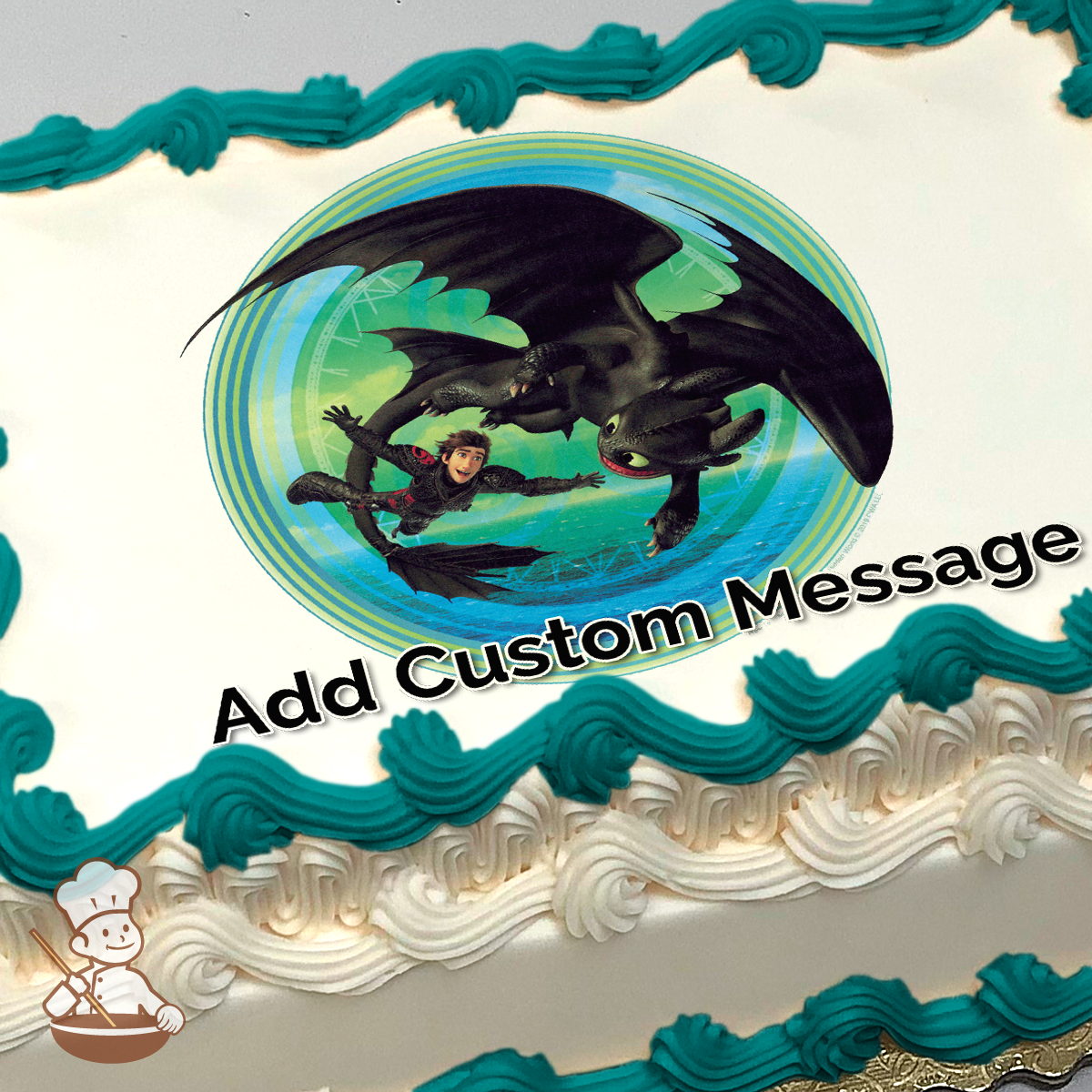 Hiccup and Toothless flying with dragons in a vibrant sky, printed on a sheet cake.