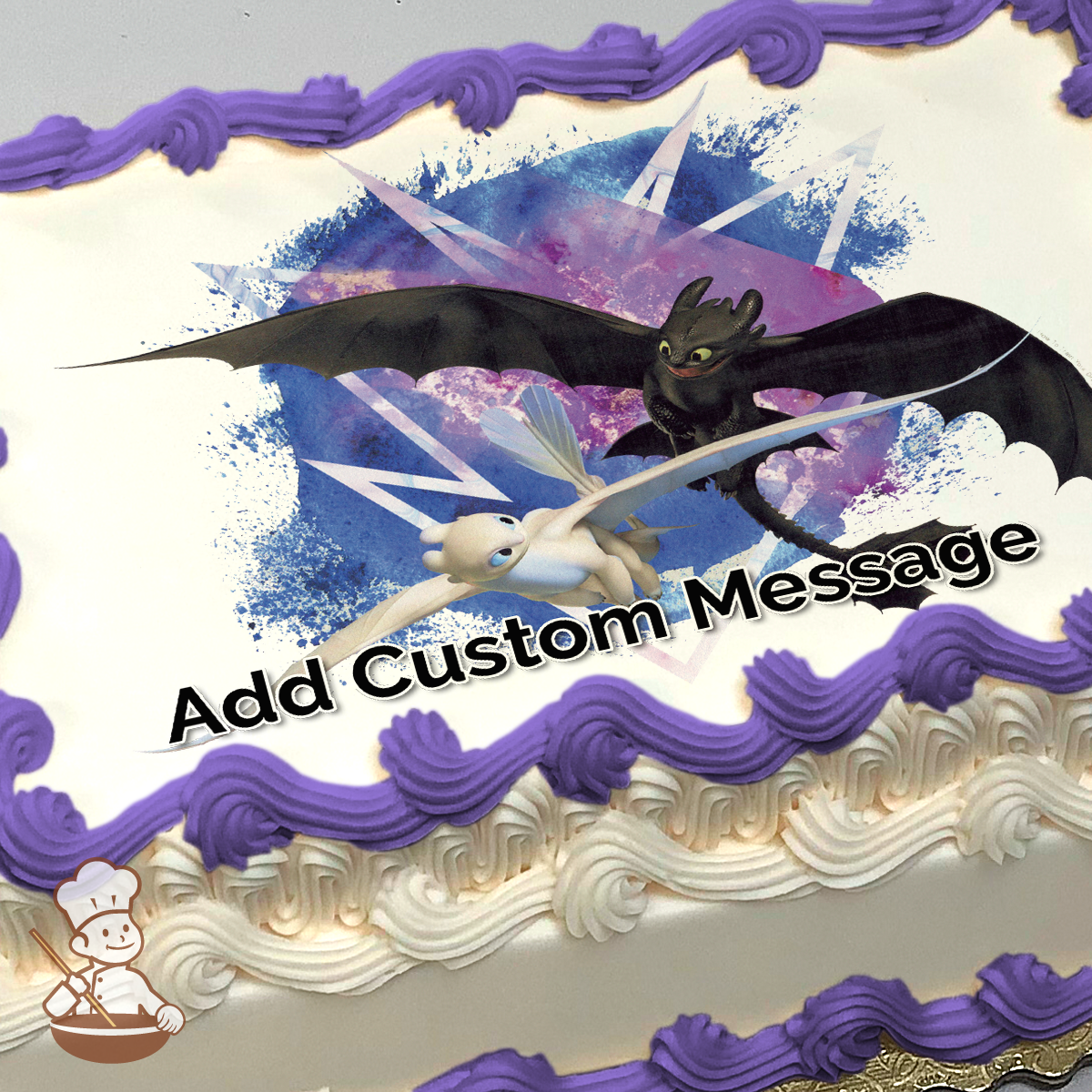 Toothless and Light Fury soaring together with abstract purple and blue background, printed on a sheet cake.