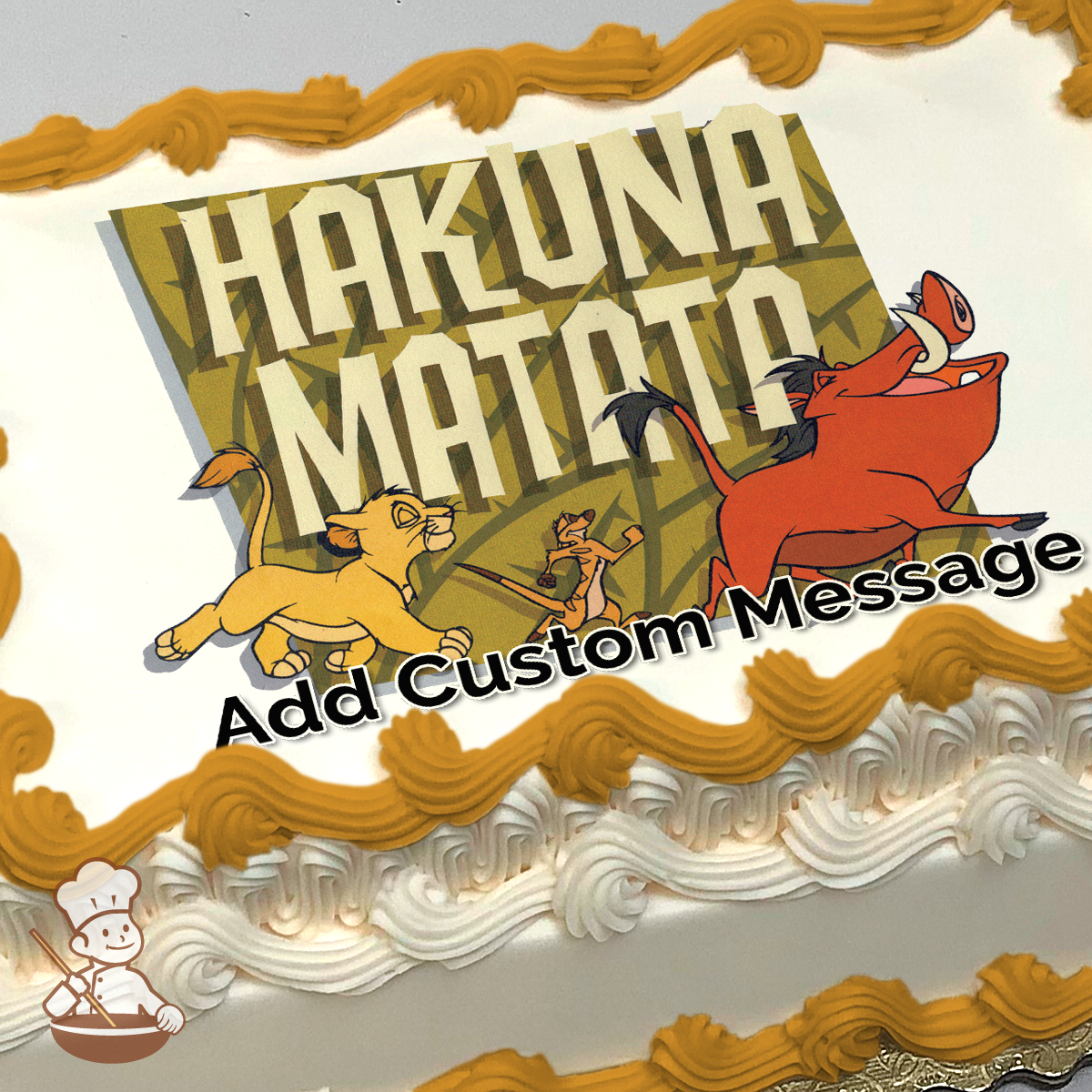 Illustration of Simba, Timon, and Pumbaa from The Lion King with "Hakuna Matata" text, printed on a sheet cake.