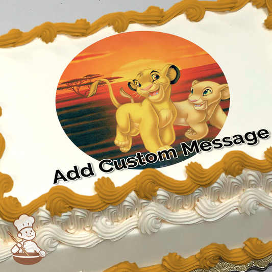 Illustration of Simba and Nala from The Lion King with a vibrant African savanna sunset background, printed on a sheet cake.