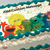 Illustration of Sesame Street characters against a confetti-patterned background, printed on a sheet cake.