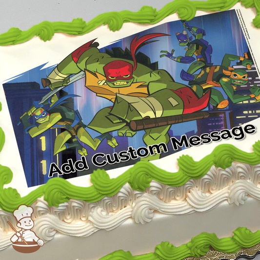 Illustration of Raphael, Leonardo, and the Teenage Mutant Ninja Turtles in action against a nighttime cityscape, printed on a sheet cake.