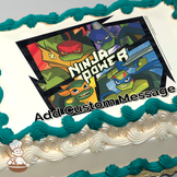 Illustration of Teenage Mutant Ninja Turtles with Leonardo, Raphael, and friends, against a cityscape at night, printed on a sheet cake.