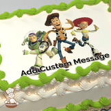 Buzz Lightyear, Woody, and Jessie running with a white background, printed on a sheet cake.