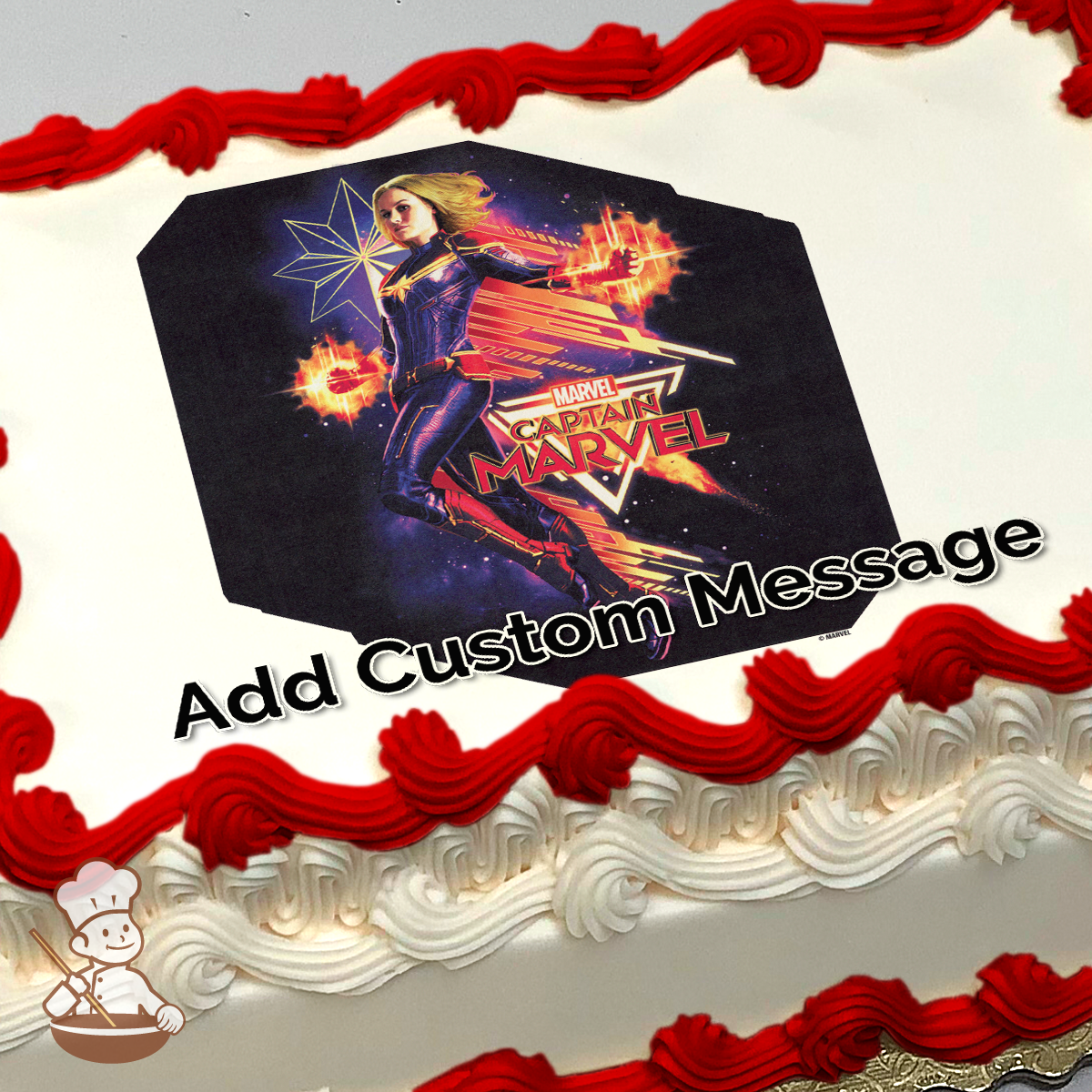 Captain Marvel in her superhero suit with dynamic energy effects, printed on a sheet cake.