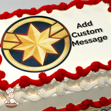 Golden star emblem with red and blue accents on a white background, resembling Captain Marvel's logo, printed on a sheet cake.