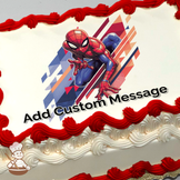 Spider-Man in action pose with geometric red and blue background, printed on a sheet cake.