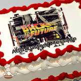 "Back to the Future" movie logo with DeLorean car and colorful digital effects on a sheet cake.