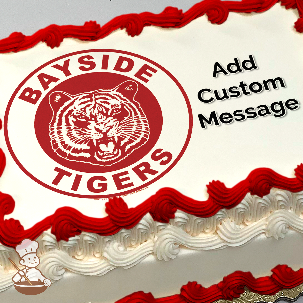 Illustration of a snarling tiger inside a red circle with "BAYSIDE TIGERS" text, printed on a sheet cake.