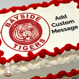 Illustration of a snarling tiger inside a red circle with "BAYSIDE TIGERS" text, printed on a sheet cake.