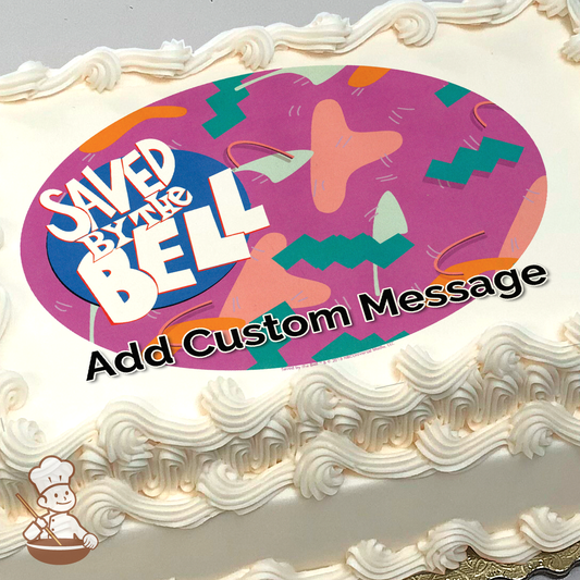 Illustration of "Saved by the Bell" logo with vibrant abstract shapes and patterns in the background, printed on a sheet cake.