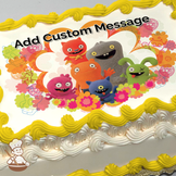 Illustration of colorful Uglydolls characters with flowers on a photo sheet cake.