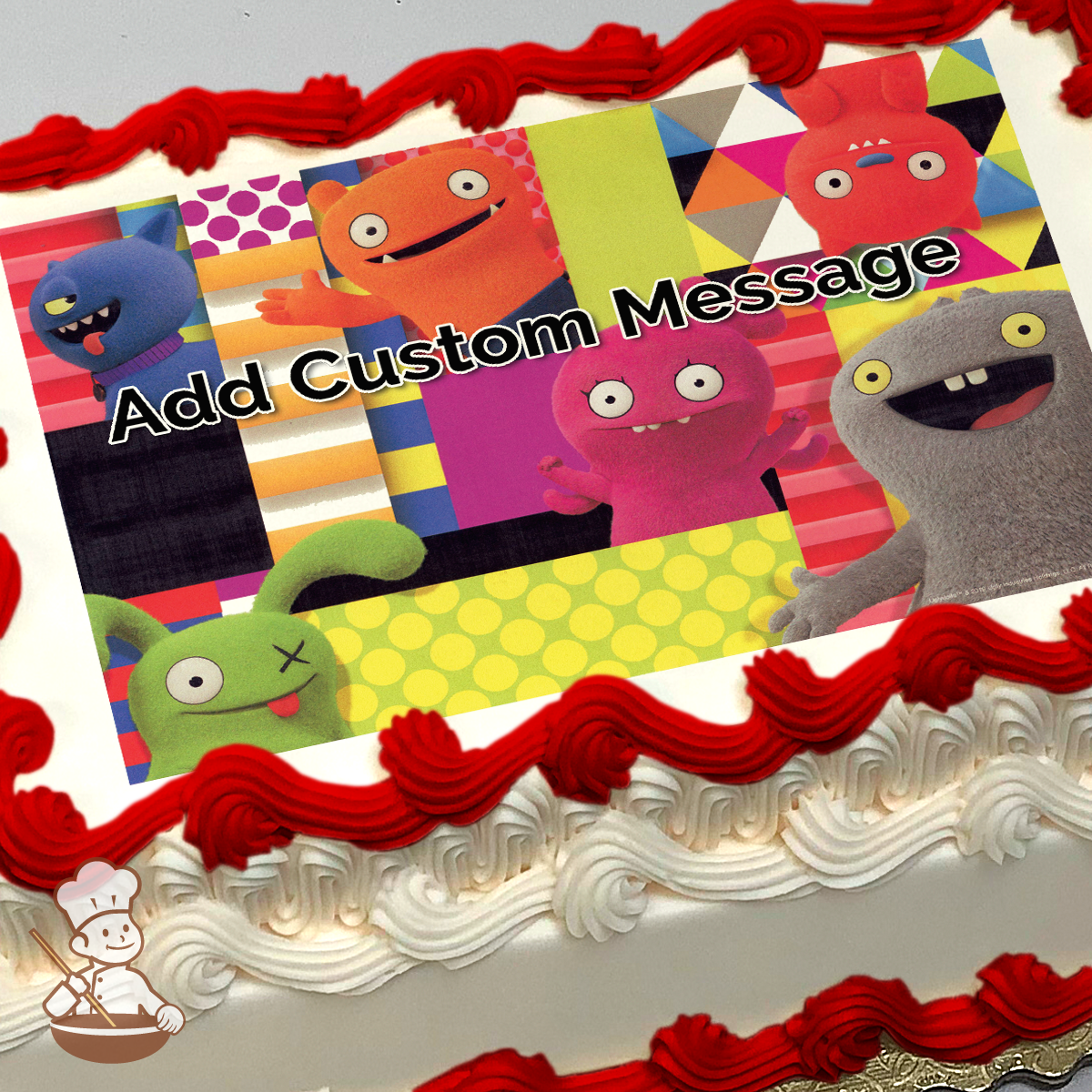 Illustration of colorful Uglydolls characters on a vibrant patchwork background, featuring Ox, Moxy, and friends, printed on a sheet cake.