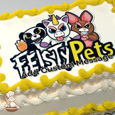 Feisty Pets characters, featuring a panda, unicorn, and rabbit with exaggerated angry expressions, on a sheet cake.