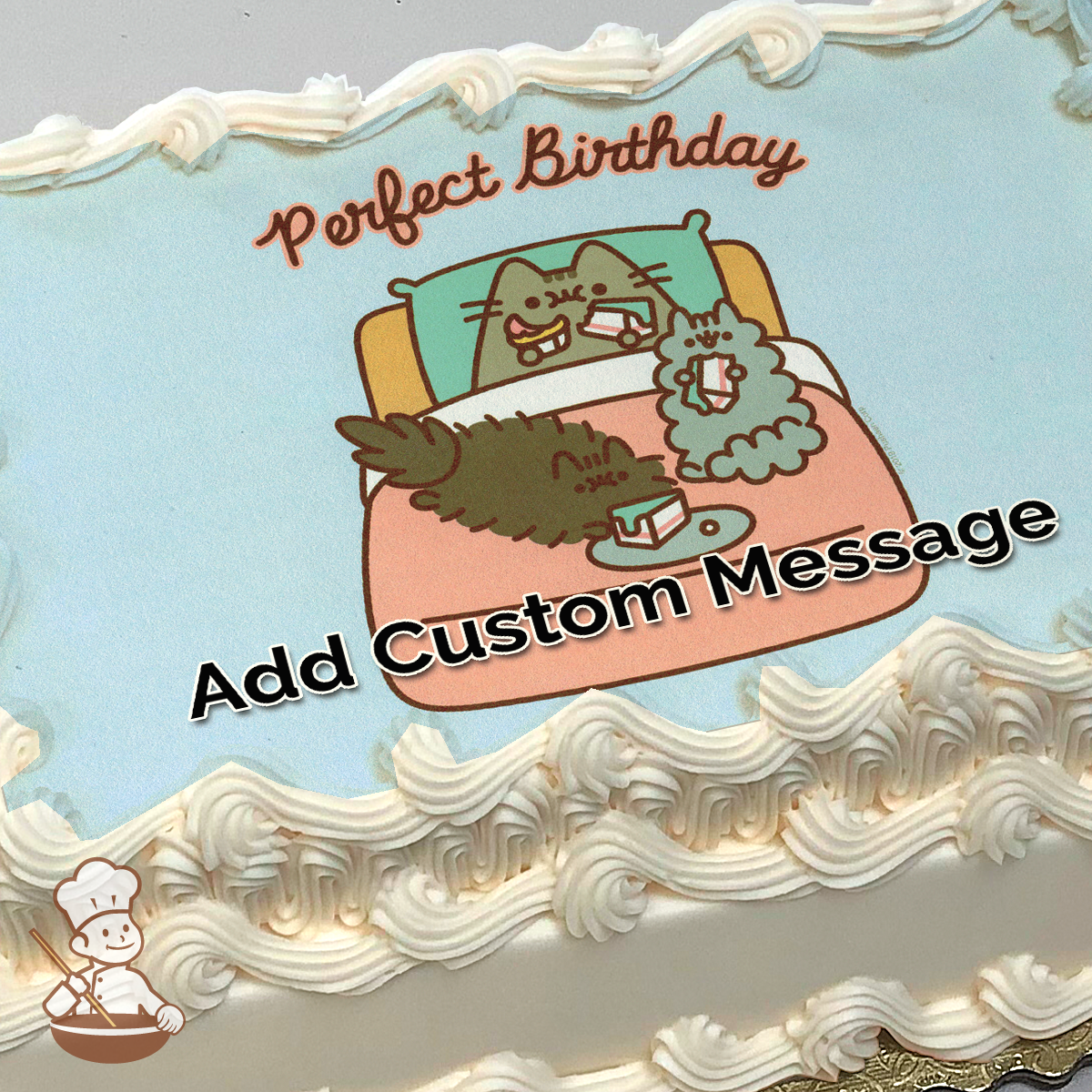 Illustration of Pusheen the cat and friends celebrating with cake, with "Perfect Birthday" text above, printed on a sheet cake.