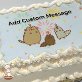 Illustration of three cartoon cats with party hats and confetti on a tan background with colorful confetti, printed on a sheet cake.