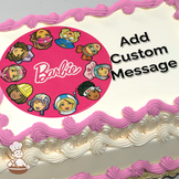 Barbie and friends' faces in a circle on a pink background with the Barbie logo, printed on a sheet cake.