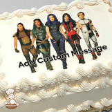 Descendants 3 characters Mal, Evie, and Jay in vibrant costumes with friends, on a neutral backdrop, printed on a sheet cake.