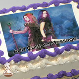 two fantasy characters, a queen with a scepter and a warrior with a sword, against a mystical castle background, printed on a sheet cake.