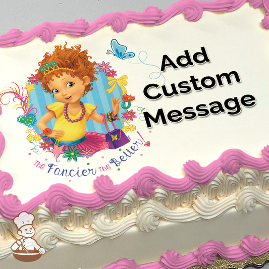 Fancy Nancy in yellow top and floral skirt with butterflies and flowers, vibrant colors, on a sheet cake print.