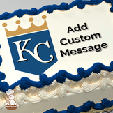 Kansas City Royals logo with crown on a blue shield, text area for a message, on a sheet cake.