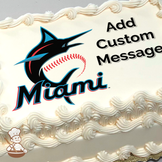 Miami Marlins logo with baseball and marlin graphic on a sheet cake print.