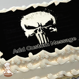 Illustration of the Punisher skull logo in white on a black background, printed on a sheet cake.