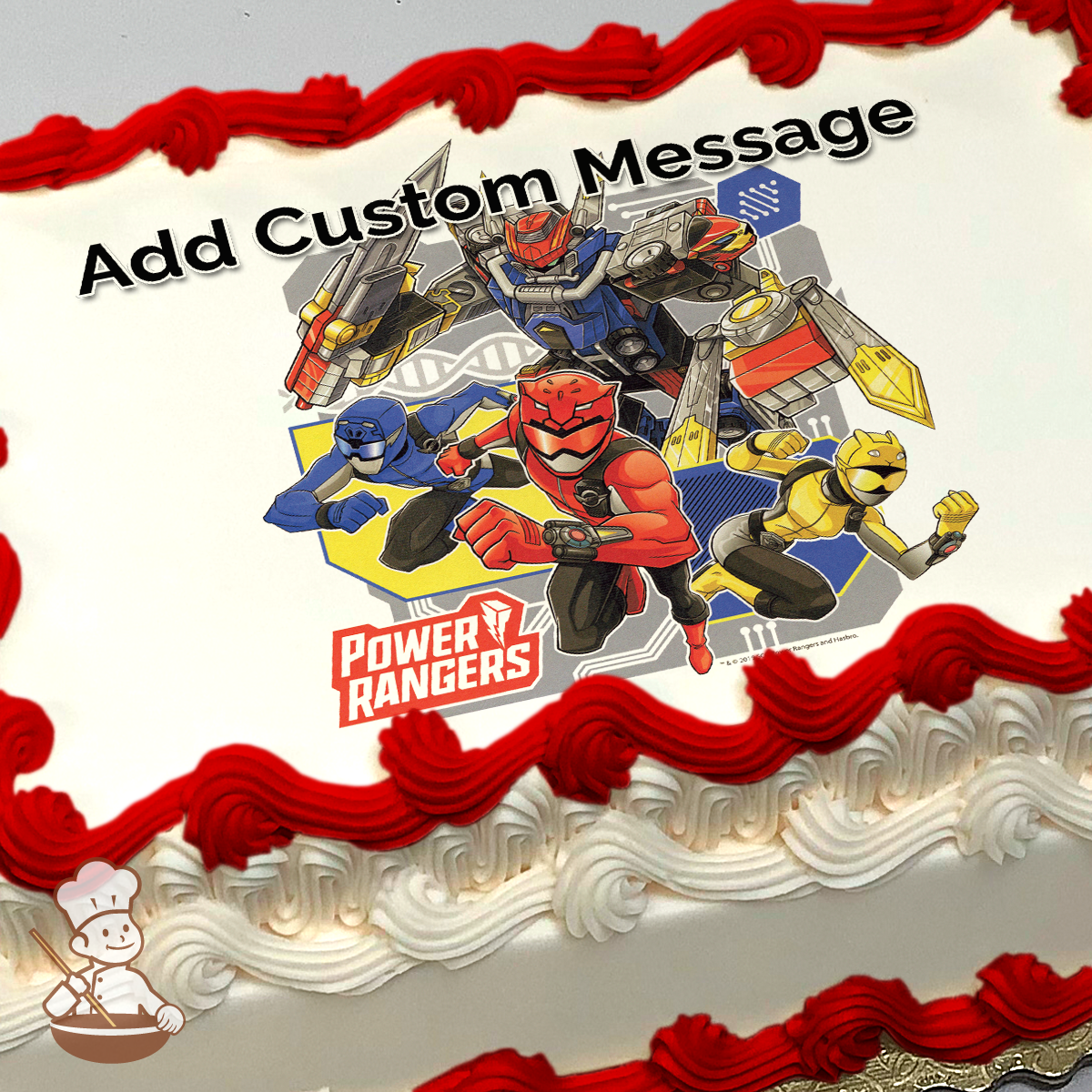 Illustration of Power Rangers in action poses with Red Ranger in the center, flanked by Blue and Yellow Rangers, printed on a sheet cake.