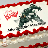 Illustration of Venom with prominent muscles and sharp teeth, text "We Are Venom" above, on a sheet cake.