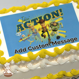 Woody, Buzz Lightyear, and friends from Toy Story with "Takin' ACTION!" text, on a blue background, printed on a sheet cake.