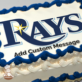 Tampa Bay Rays logo with a burst of light on a blue and white design, printed on a sheet cake.