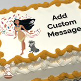 Pocahontas with flowing hair and leaves, accompanied by Meeko the raccoon and a small hummingbird, on a sheet cake.