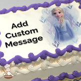 Elsa from Frozen in a blue dress with a stylized snowflake background, printed on a sheet cake.